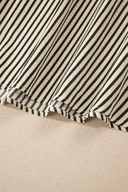 Black Striped V Neck Zip Front Cinched High Waist Midi Dress