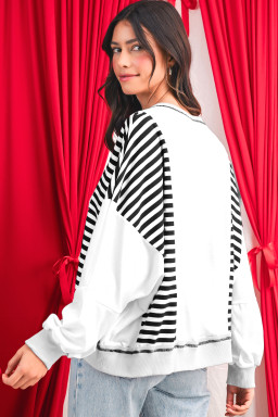 White Striped Colorblock Patchwork Oversized Sweatshirt