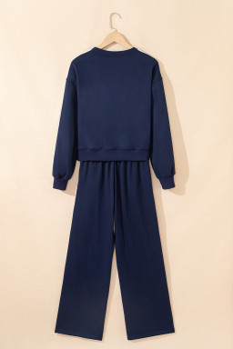 Dirty Blue Varsity Striped Detail Cropped Pullover Wide Leg Pants 2pcs Outfit