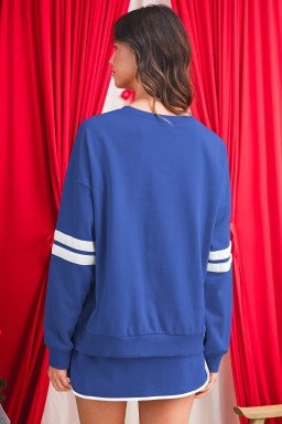 Sky Blue Varsity Stripe Detail Drop Shoulder Pullover Mini Skort Set