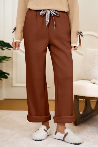 Coffee Leopard Drawstring Winter Fleece Pants