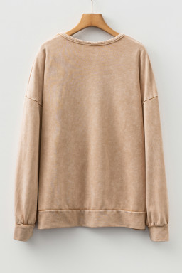 Light French Beige Mineral Wash Waffle Bow Patched Pullover Sweatshirt