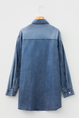 Blue Chest Pocket Raw Hem Denim Loose Shirt Dress
