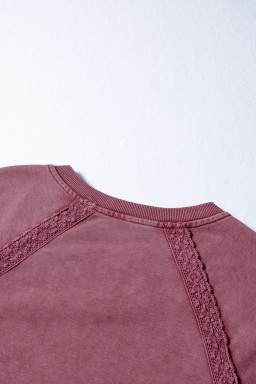 Red Dahlia Lace Applique Notched Neck Mineral Wash Baggy Sweatshirt
