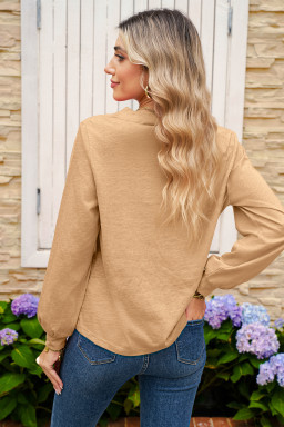 Light French Beige Casual Button V Neck Long Sleeve T-Shirt