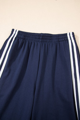 Dirty Blue Varsity Striped Detail Cropped Pullover Wide Leg Pants 2pcs Outfit
