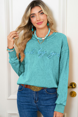 Sea Green  saved by grace Letter Embroidery Mineral Wash Loose Sweatshirt