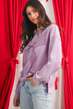 Orchid Bouquet Mineral Wash Waffle Bow Patched Pullover Sweatshirt