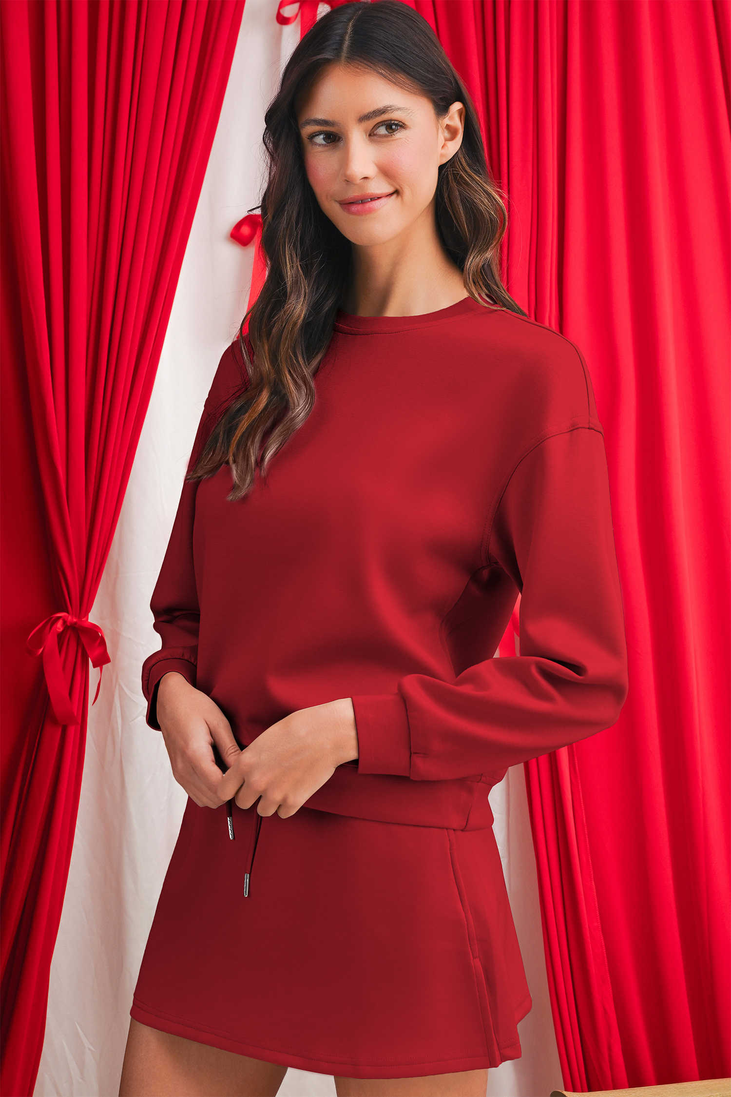 Conjunt de minifaldilla amb cordó i espatlles caigudes de color vermell sòlid Racing