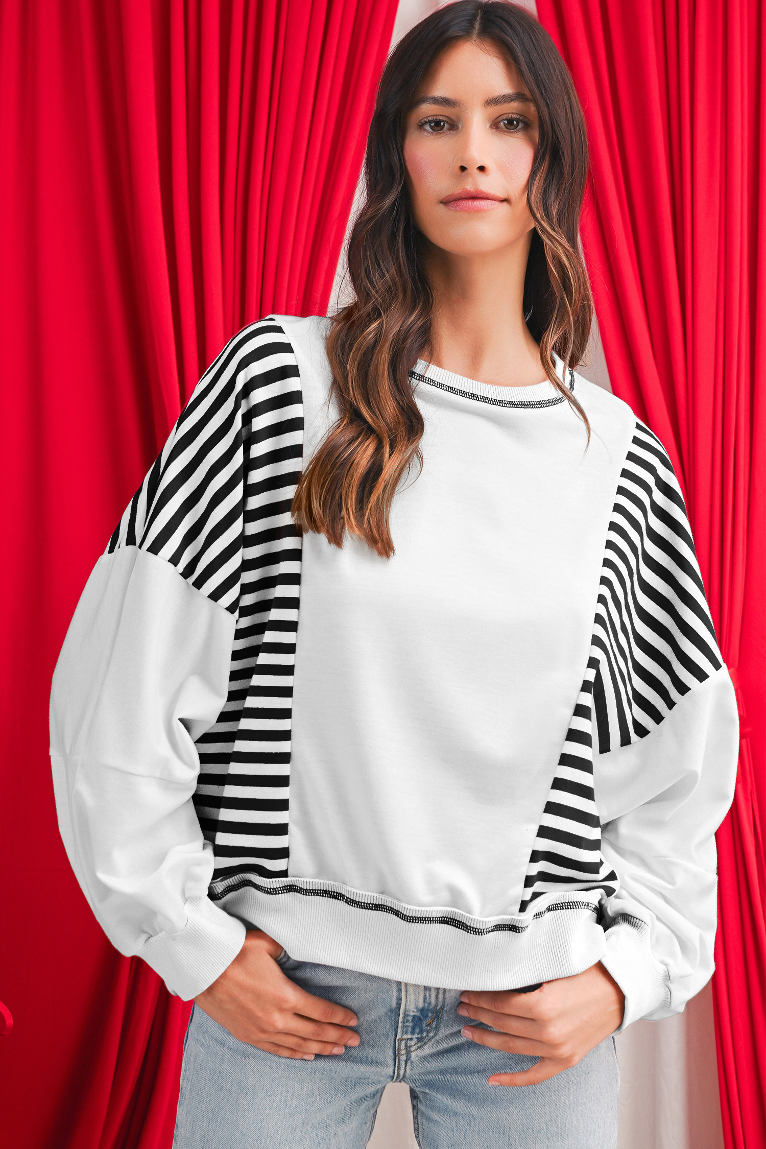 White Striped Colorblock Patchwork Oversized Sweatshirt