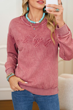Mineral Red saved by grace Letter Embroidery Mineral Wash Loose Sweatshirt