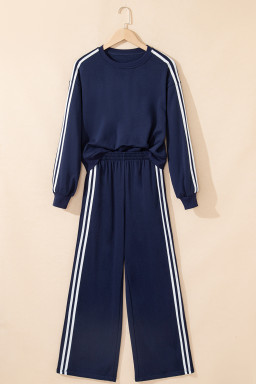 Dirty Blue Varsity Striped Detail Cropped Pullover Wide Leg Pants 2pcs Outfit