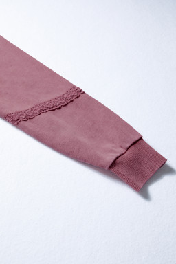 Red Dahlia Lace Applique Notched Neck Mineral Wash Baggy Sweatshirt