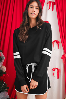 Black Varsity Stripe Detail Drop Shoulder Pullover Mini Skort Set