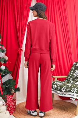 Fiery Red Varsity Striped Detail Cropped Pullover Wide Leg Pants 2pcs Outfit