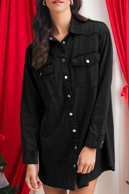 Medium Grey Chest Pocket Raw Hem Denim Loose Shirt Dress