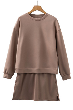 Coffee Solid Color Drop Shoulder Pullover Drawstring Mini Skirt Set