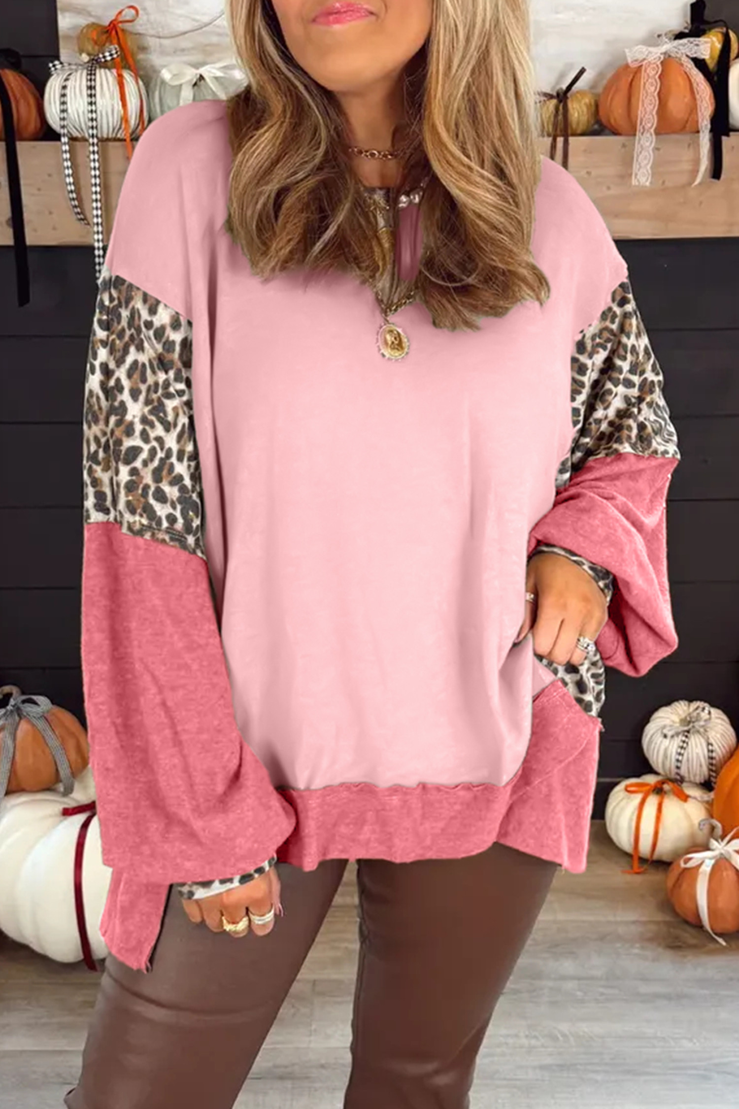 Light Pink Color Block Leopard Patchwork Dolman Sleeve High Low Baggy Sweatshirt