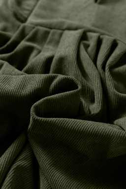 Moss Green Split Neck Scallop Detail Pleated Corduroy Mini Dress