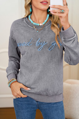 High-rise  saved by grace Letter Embroidery Mineral Wash Loose Sweatshirt