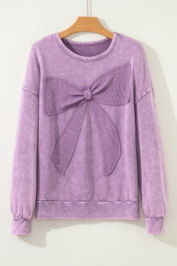 Orchid Bouquet Mineral Wash Waffle Bow Patched Pullover Sweatshirt