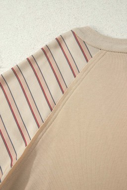 Parchment Striped Raglan Sleeve Notched Neck Raw Edge Plus Size Jumper