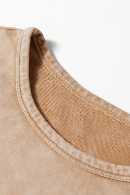 Light French Beige Mineral Wash Waffle Bow Patched Pullover Sweatshirt