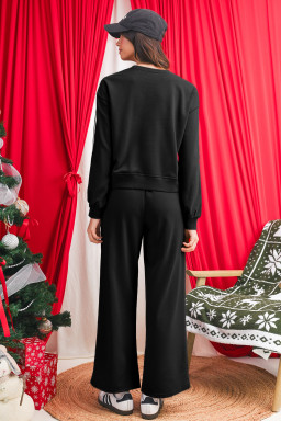 Black Varsity Striped Detail Cropped Pullover Wide Leg Pants 2pcs Outfit