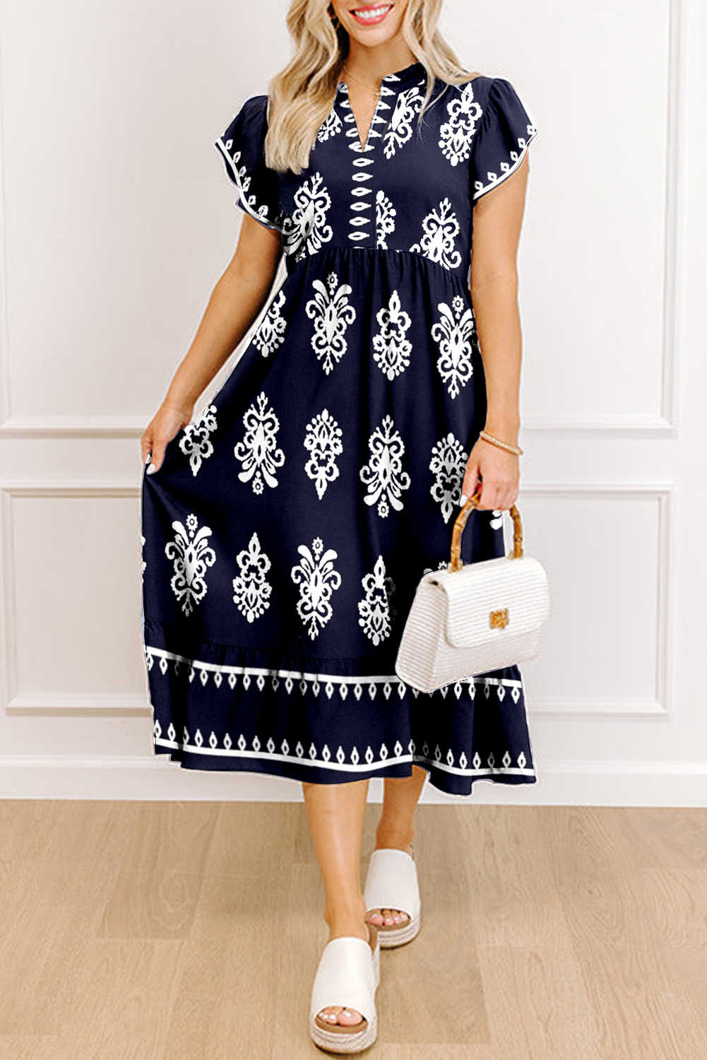 Blue Western Ethnic Print Notched Neck Short Sleeve Midi Dress