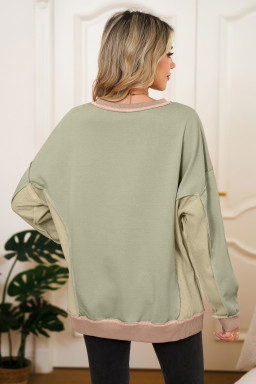 Smoke Green Colorblock Waffle Patchwork Oversize Sweatshirt