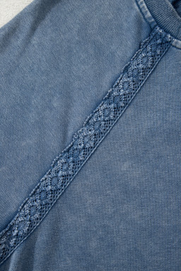 Sail Blue Lace Applique Notched Neck Mineral Wash Baggy Sweatshirt