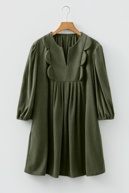 Moss Green Split Neck Scallop Detail Pleated Corduroy Mini Dress