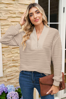 Parchment Solid Color Zipper V Neck Pullover Sweatshirt