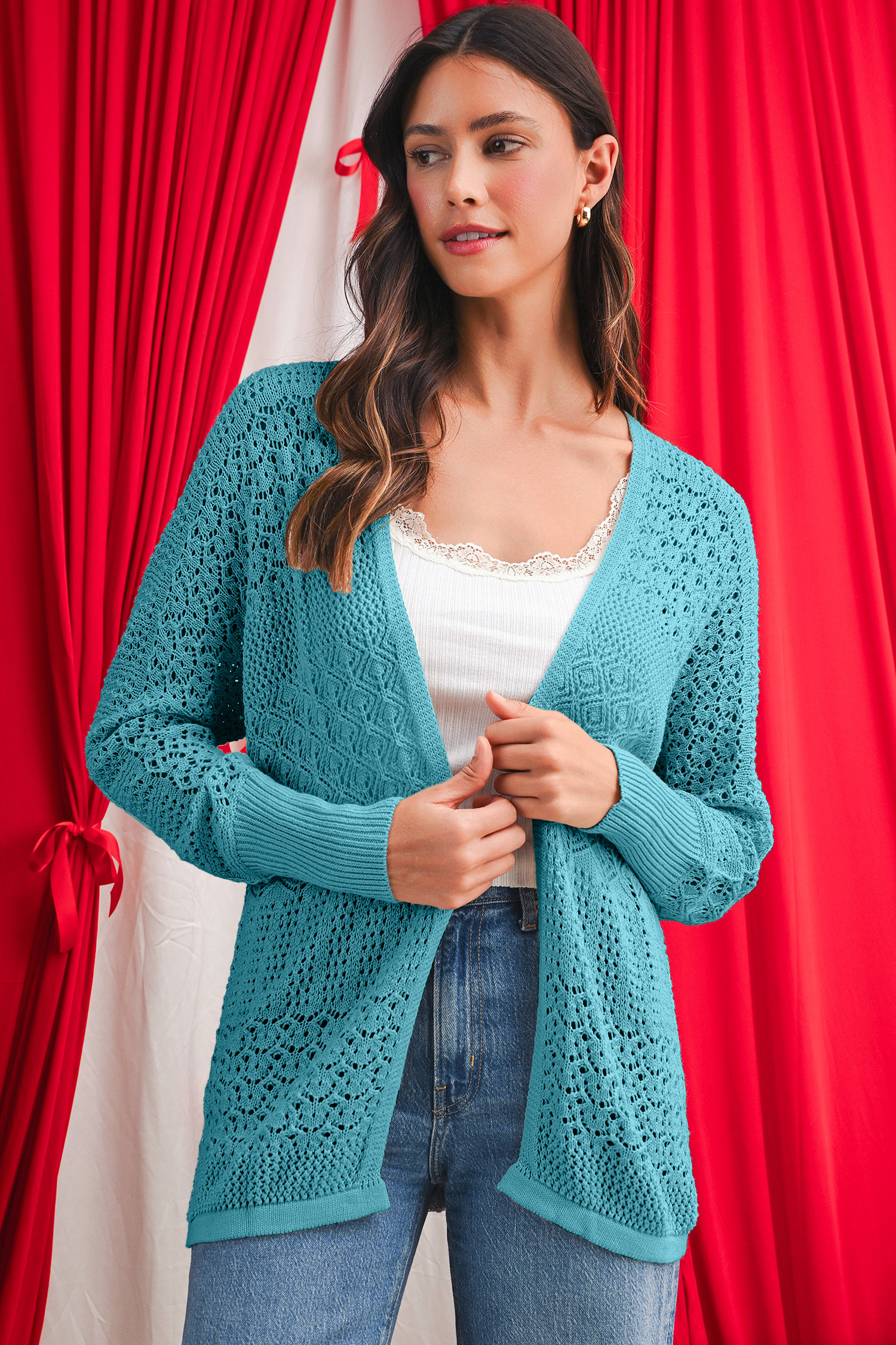 Lapis Mix Pattern Hollow Knit Open Front Cardigan