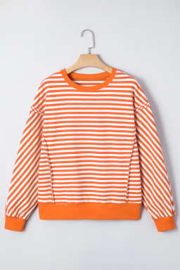 Orange Stripe Exposed Seam Drop Shoulder Long Sleeve Top
