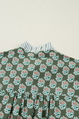 Green Contrast Striped Frilled Collar 3/4 Sleeve Plus Size Floral Dress