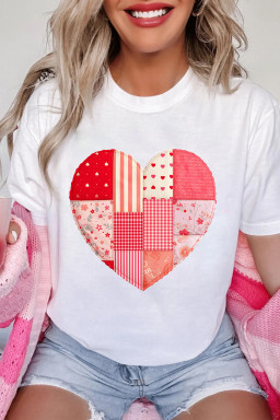 White Floral Plaid Mixed Patchwork Heart-shape Graphic T Shirt
