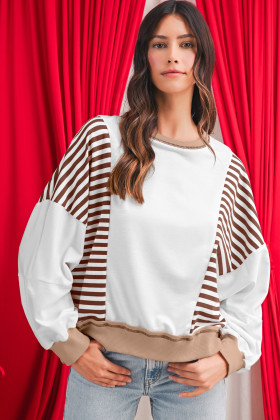 Brown Striped Colorblock Patchwork Oversized Sweatshirt