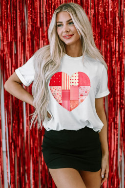 White Floral Plaid Mixed Patchwork Heart-shape Graphic T Shirt