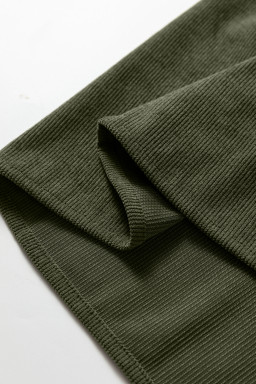 Moss Green Split Neck Scallop Detail Pleated Corduroy Mini Dress