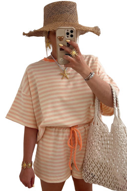 Pink Stripe Contrast Neck Loose Tee and Drawstring Shorts Set