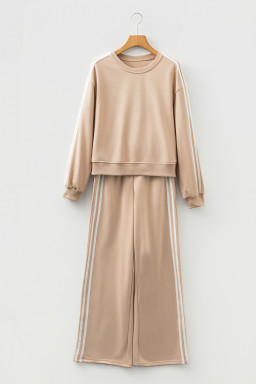 Oatmeal Varsity Striped Detail Cropped Pullover Wide Leg Pants 2pcs Outfit