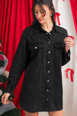 Medium Grey Chest Pocket Raw Hem Denim Loose Shirt Dress