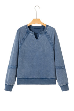 Sail Blue Lace Applique Notched Neck Mineral Wash Baggy Sweatshirt
