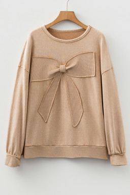 Light French Beige Mineral Wash Waffle Bow Patched Pullover Sweatshirt