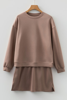 Coffee Solid Color Drop Shoulder Pullover Drawstring Mini Skirt Set