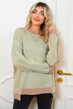 Smoke Green Colorblock Waffle Patchwork Oversize Sweatshirt