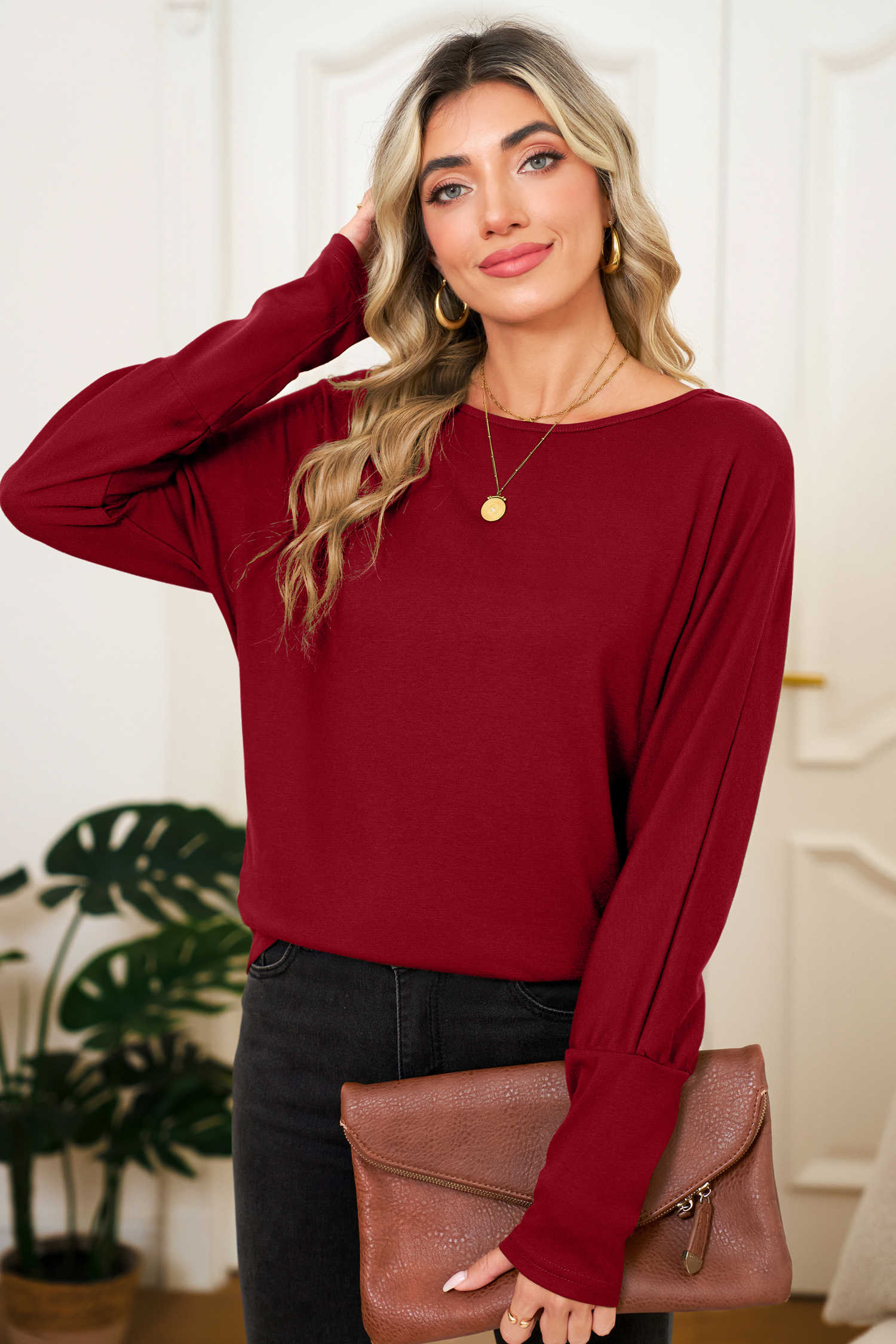 Top de màniga dolman amb coll rodó de color sòlid de dàlia vermella