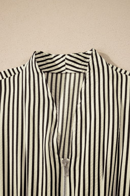 Black Striped V Neck Zip Front Cinched High Waist Midi Dress