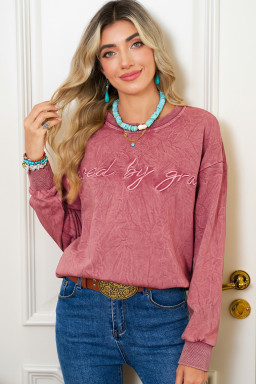Mineral Red saved by grace Letter Embroidery Mineral Wash Loose Sweatshirt